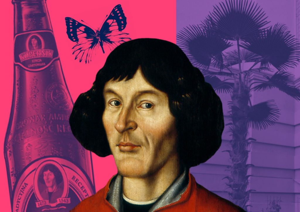 Portret mężczyzny na kolorowym tle z palmą i motylem.