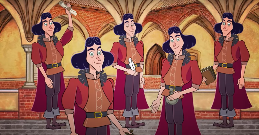 Postać mężczyzny w różnych pozach trzymająca różne przedmioty.