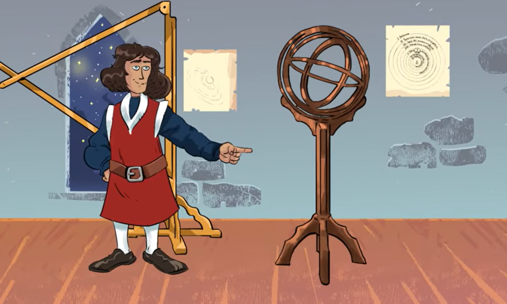 Mężczyzna w kostiumie z epoki wskazuje na globus niebieski.