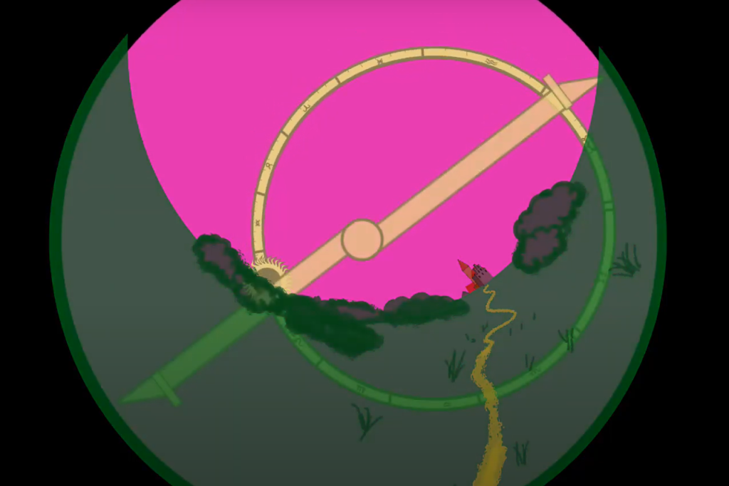 Kolorowa ilustracja przedstawiająca drogę i instrumenty na różowym tle.