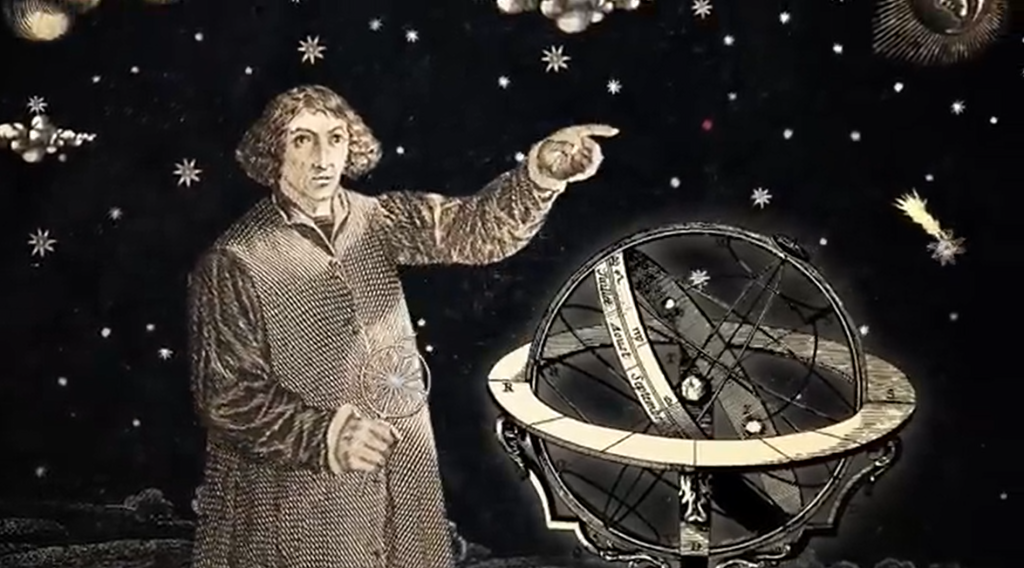 Wizerunek astronoma wskazującego na niebo z globusem niebieskim.