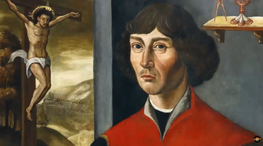 Portret mężczyzny w czerwonym stroju z ukrzyżowaniem w tle.