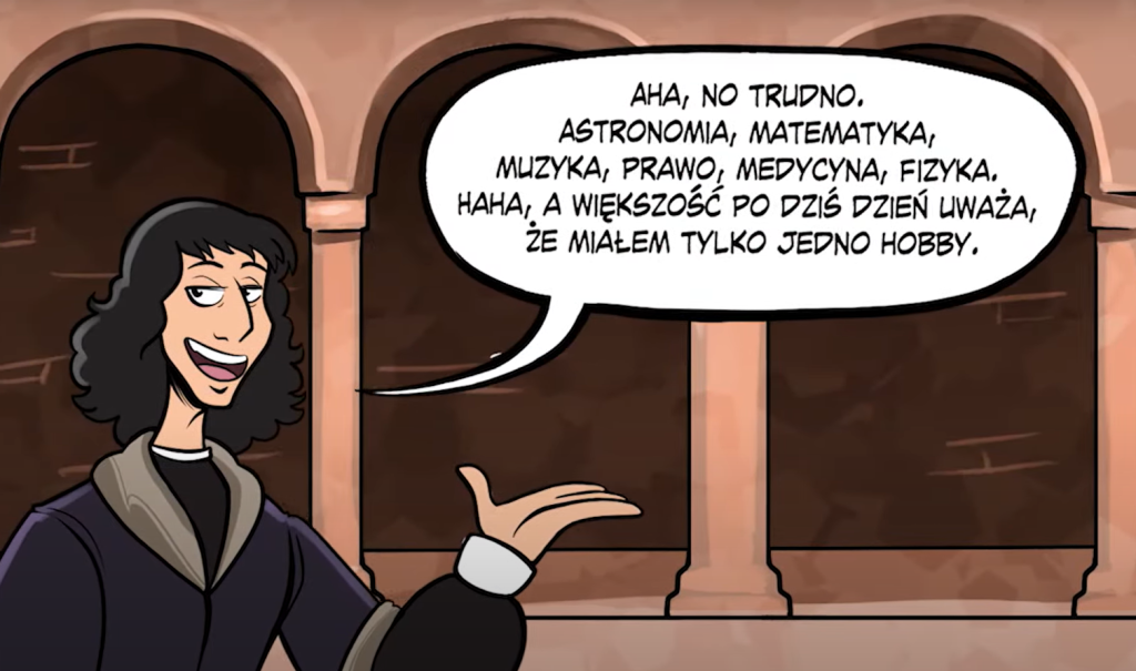 Postać z długimi włosami opowiada o różnych dziedzinach nauki.