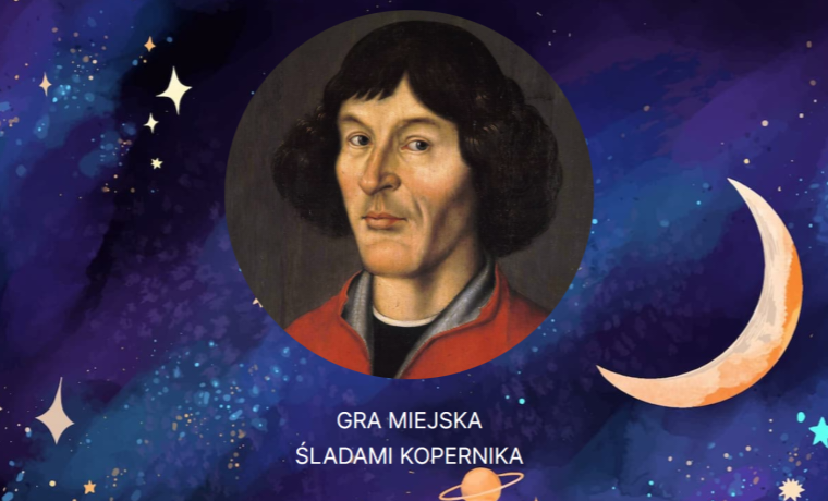 Portret Mikołaja Kopernika na tle kosmicznym.