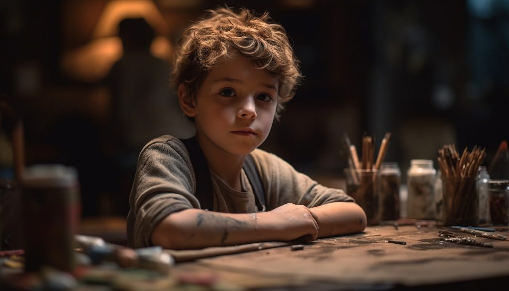 Chłopiec z bujnymi, kręconymi włosami siedzi przy stole artystycznym, opierając się na rękach. Na stole znajdują się farby, pędzle i słoiki. Tło jest lekko rozmyte, tworząc intymną atmosferę.