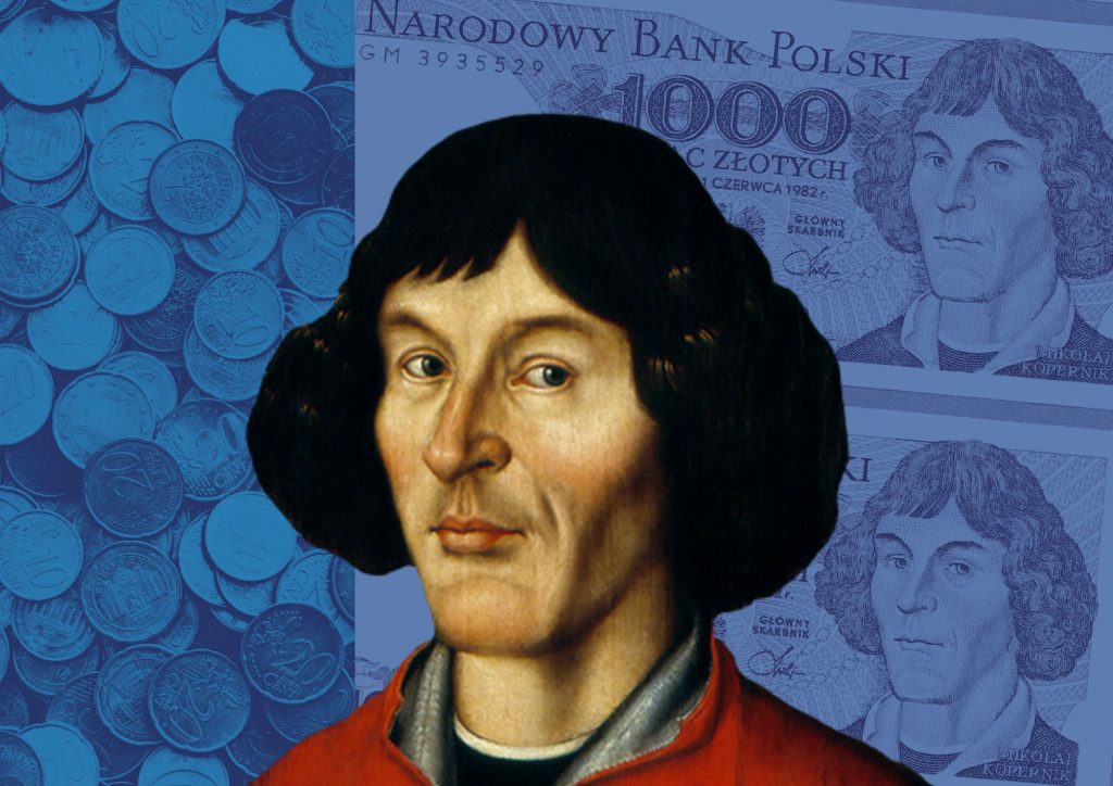 Portret Mikołaja Kopernika na tle banknotów.