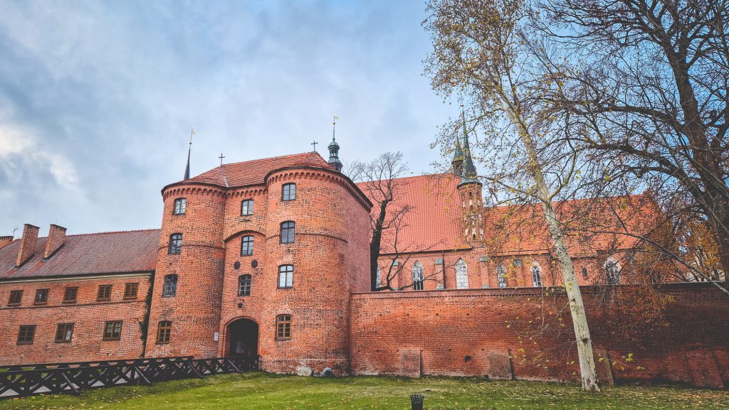 Czerwony zamek z wieżami i drzewami