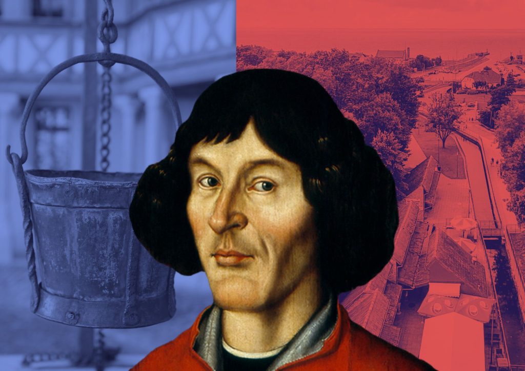 Portret mężczyzny z wiadrem w tle.