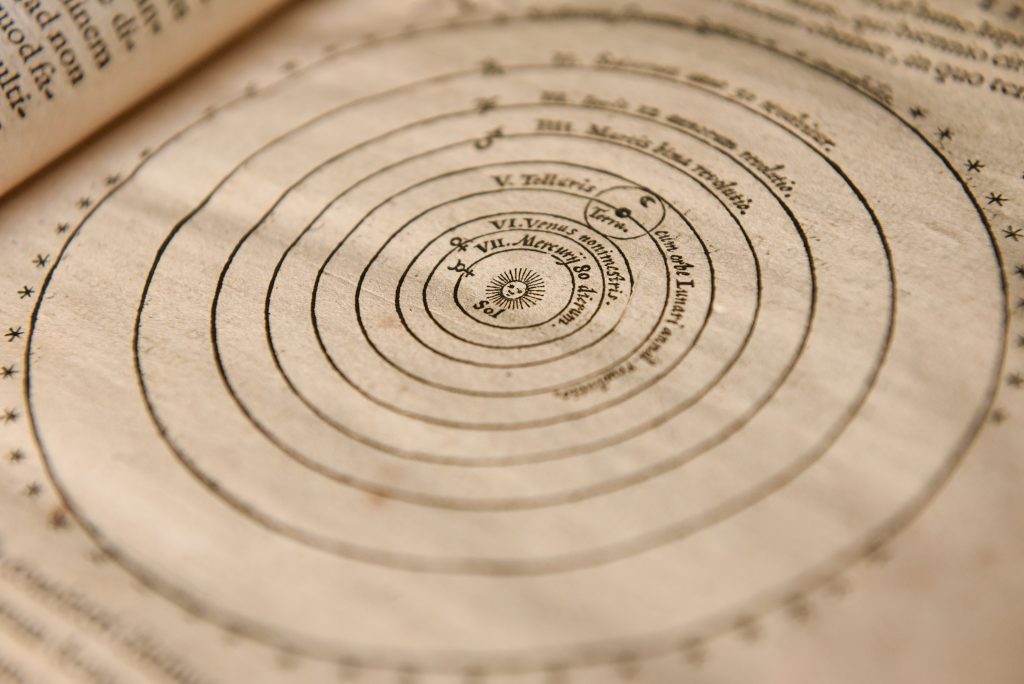 Heliocentryczny układ słoneczny. Widać okręgi symbolizujące orbity planet wokół Słońca, z nazwami umieszczonymi na ich orbitach. Całość jest prawdopodobnie fragmentem starego tekstu lub książki naukowej.