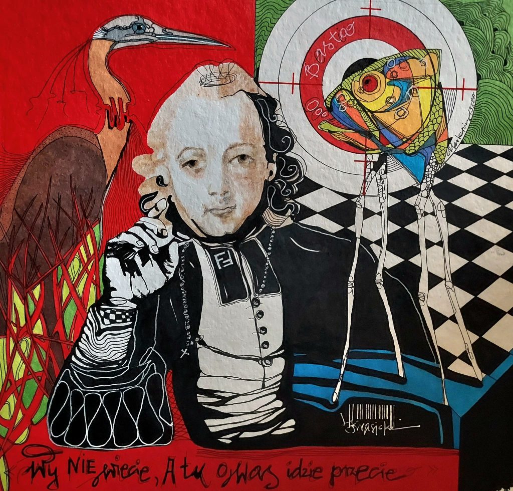 Ekspresyjny obraz z postacią oraz ptakiem.