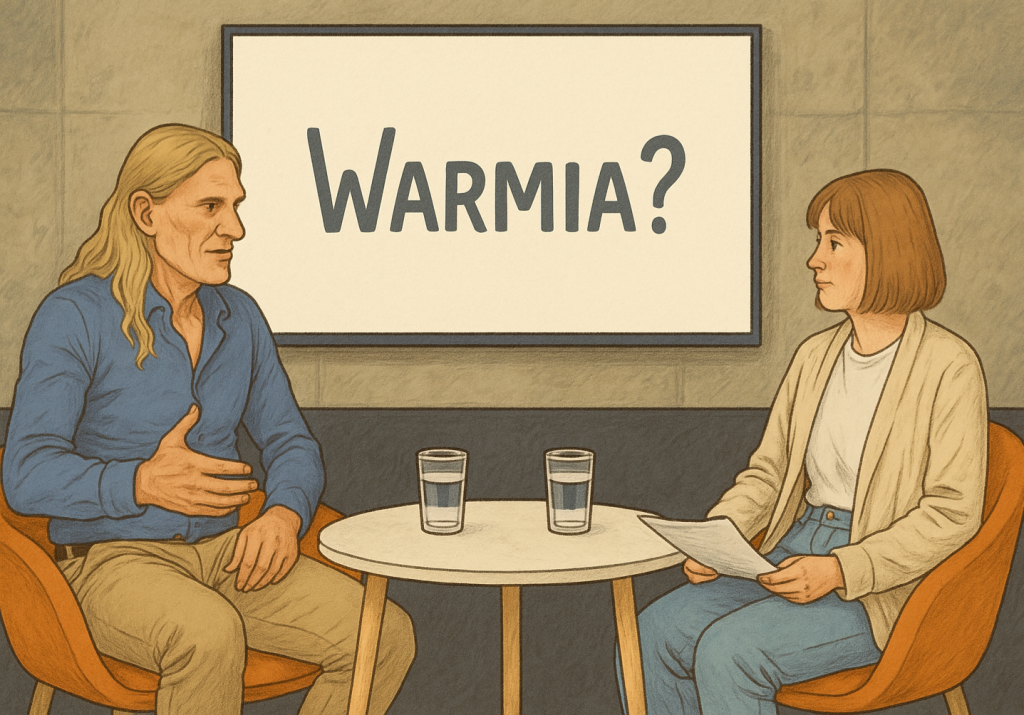 Dwoje ludzi prowadzi rozmowę przy stole.