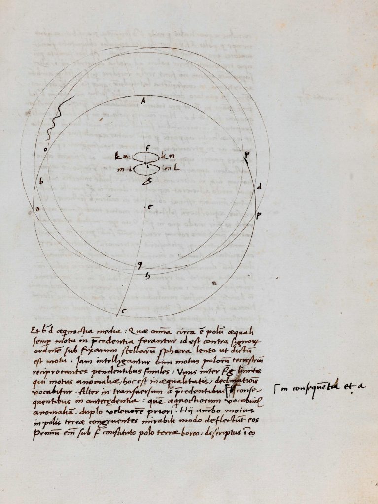 Rysunek przedstawia diagram ukazujący zasady ruchu planetarnego, z eliptycznymi orbitami oraz tekstem objaśniającym, zapisanym w starym stylu kaligraficznym.