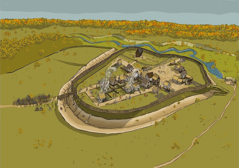 Widok na średniowieczną osadę z fortem.