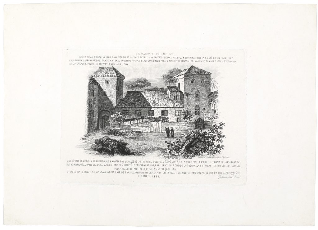 Widok domu w Fromborku, gdzie mieszkał Mikołaj Kopernik, z przedstawieniem okolicy oraz architektury budynków.