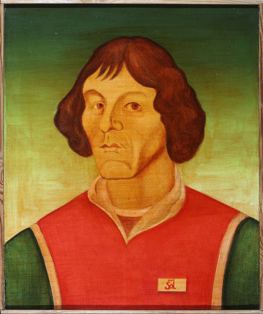 Portret mężczyzny z brązowymi włosami i czerwonym strojem.