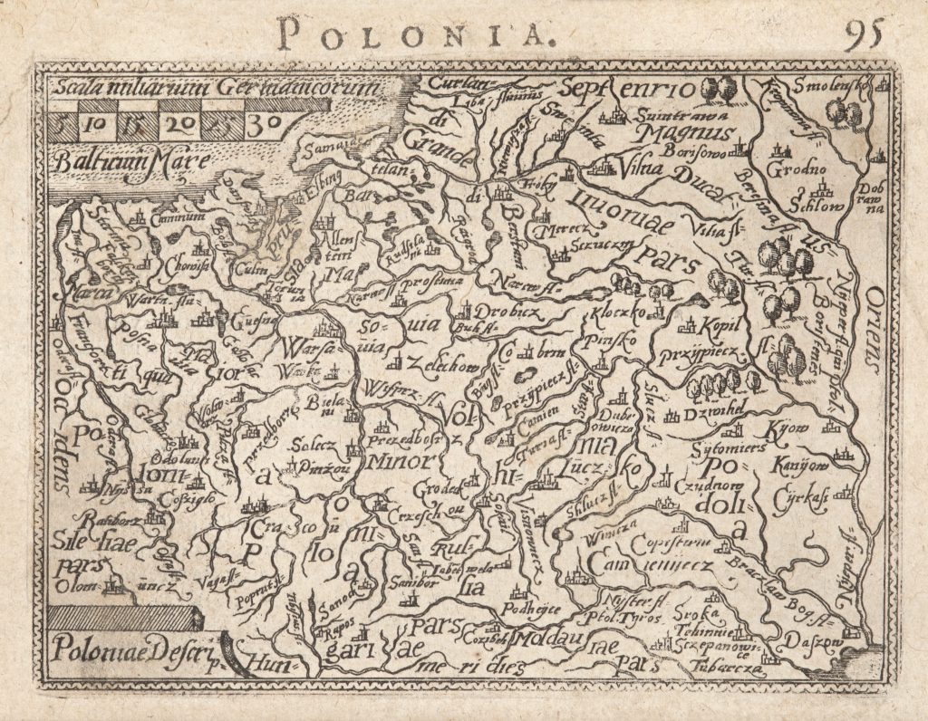 Stary mapę Polski z nazwami miejscowości.