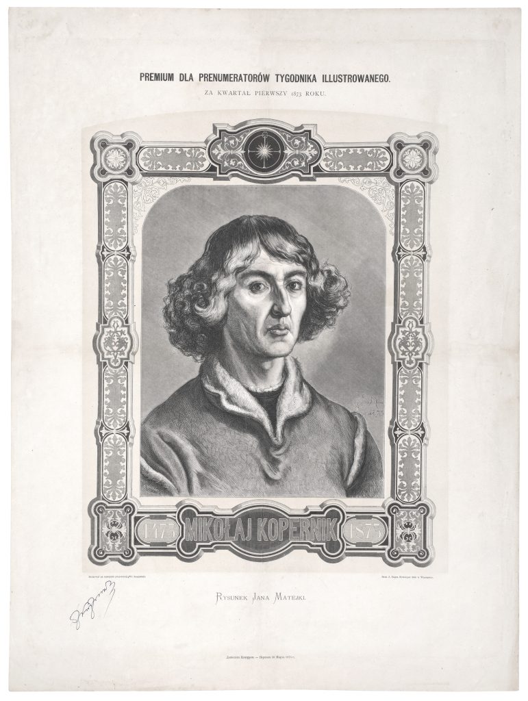 Portret Mikołaja Kopernika z 1873 roku, wykonany przez Jana Matejkę, oprawiony w ozdobną ramę.
