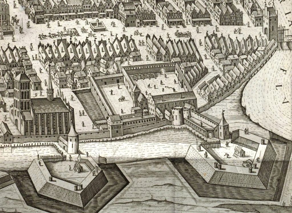 Stara mapa miasta z budynkami i fortecami.