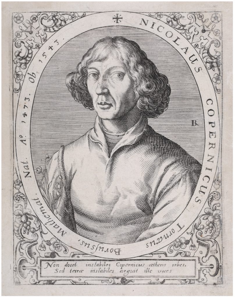 Portret Mikołaja Kopernika, przedstawiony w okrągłej ramie z napisami.