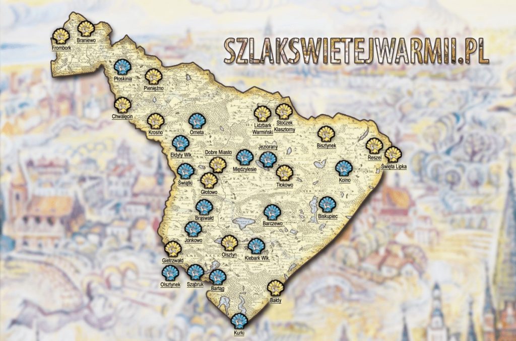 Mapa Szlaku Świętej Warmii z zaznaczonymi miejscowościami i symbolami muszli.