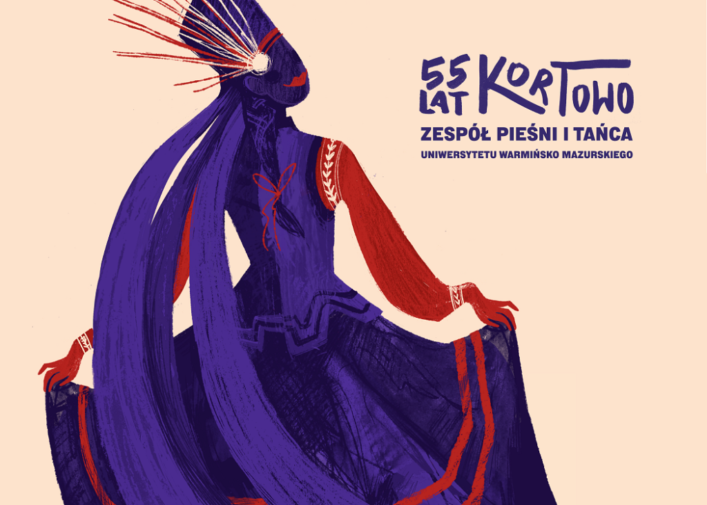 Ilustracja kobiety w tradycyjnym stroju tańczącą w żywych kolorach.