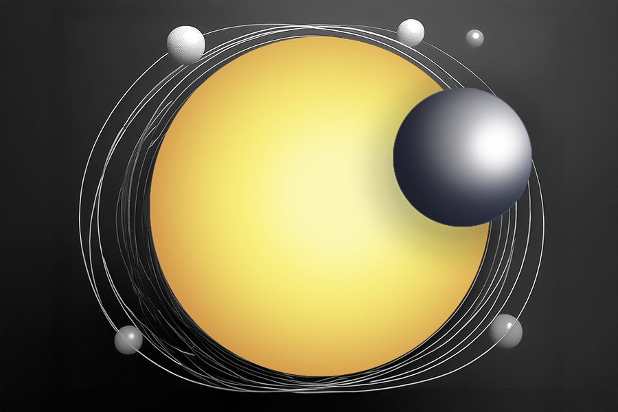 Abstrakcyjna ilustracja przedstawiająca centralne żółte słońce z planetami.
