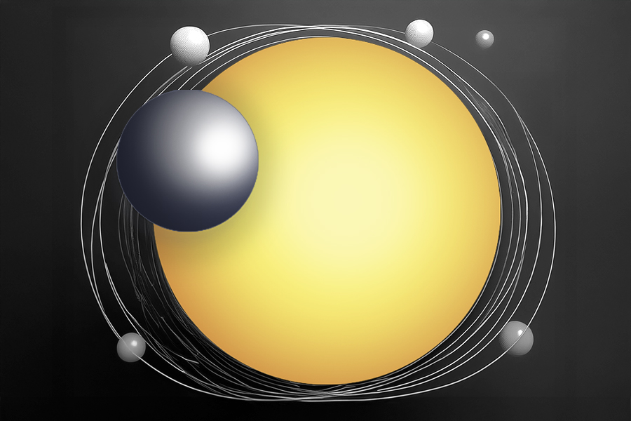 Abstrakcyjna ilustracja z planetami i słońcem.