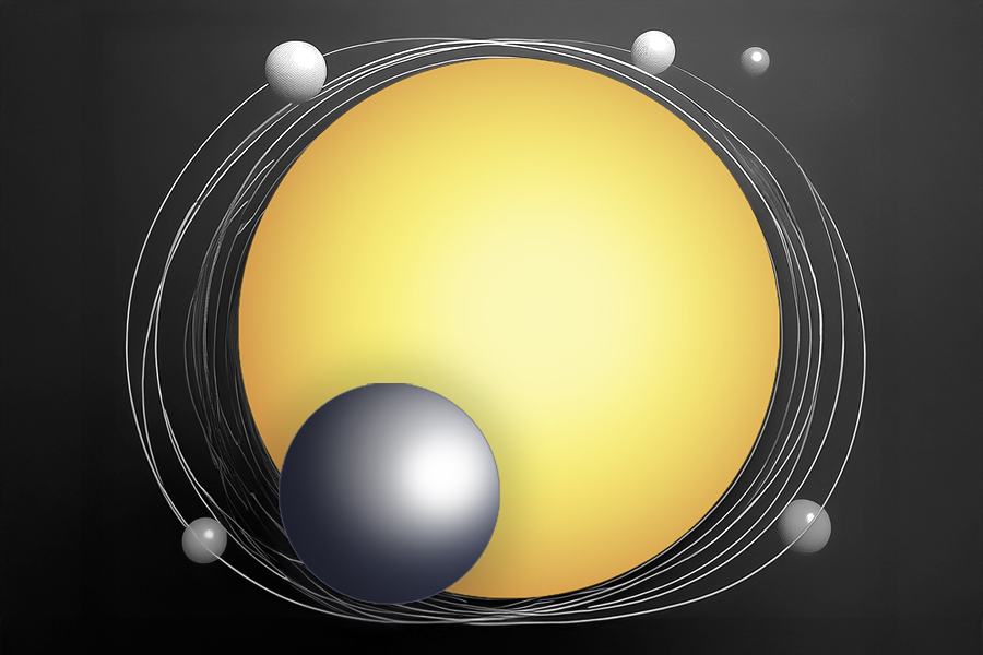 Abstrakcyjny obraz przedstawiający słońce i planety.