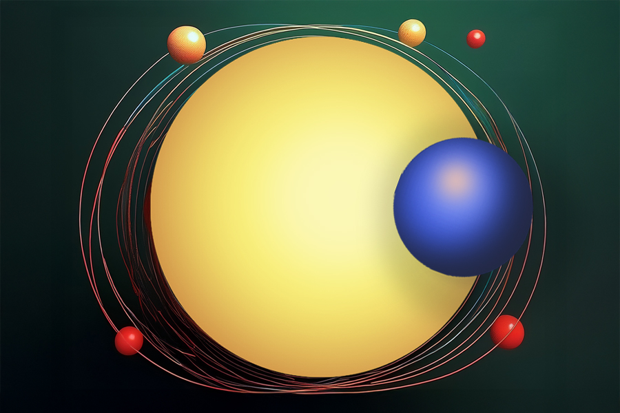 Ilustracja atomu z jądrem i elektronami.